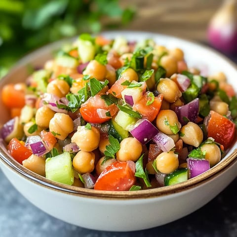 A bowl of vegetables including tomatoes, cucumbers, and chickpeas.