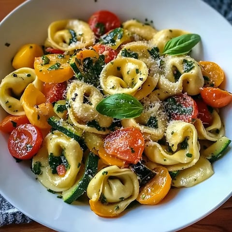 A bowl of pasta with tomatoes, zucchini, and basil.