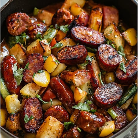 A bowl of food with sausage, potatoes, and carrots.