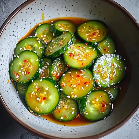 A bowl of cucumbers with spices.