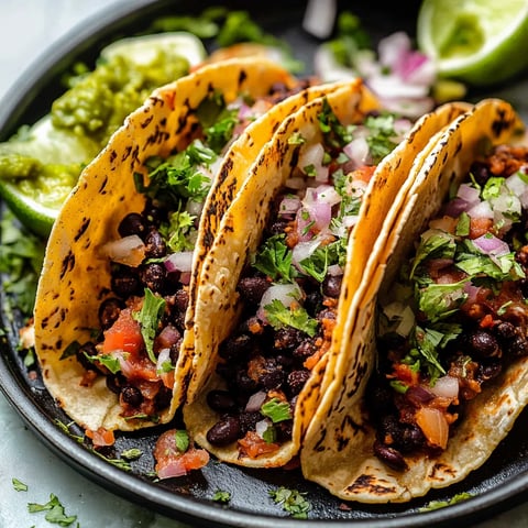 Three tacos with black beans, onions, and tomatoes.