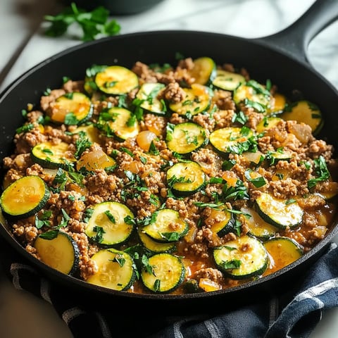 A pan of food with zucchini and meat.