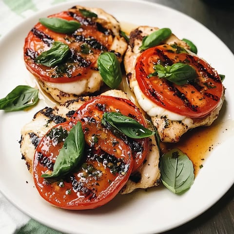 A plate of grilled chicken with tomatoes and basil.