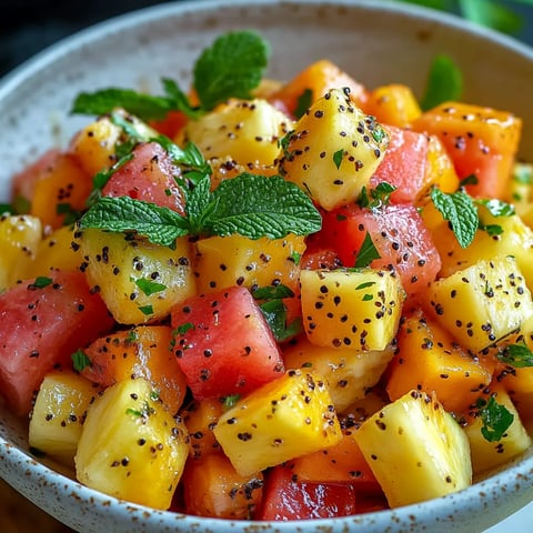 A bowl of fruit with watermelon, pineapple, and mint.