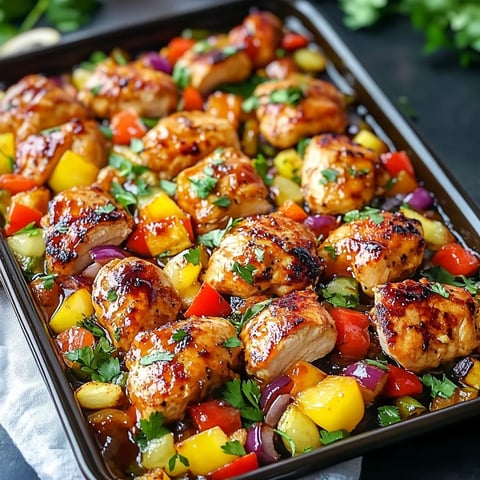 A pan of chicken with vegetables.