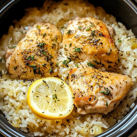 A bowl of rice with chicken and lemon.