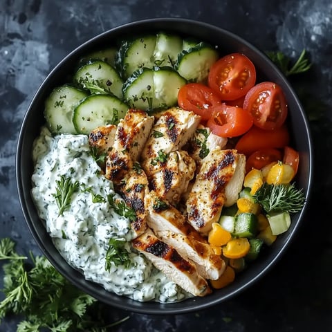 A bowl of food with chicken, tomatoes, cucumbers, and feta cheese.