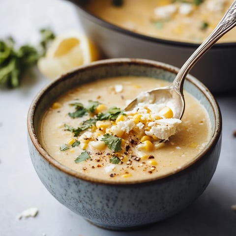 A bowl of soup with a spoon in it.
