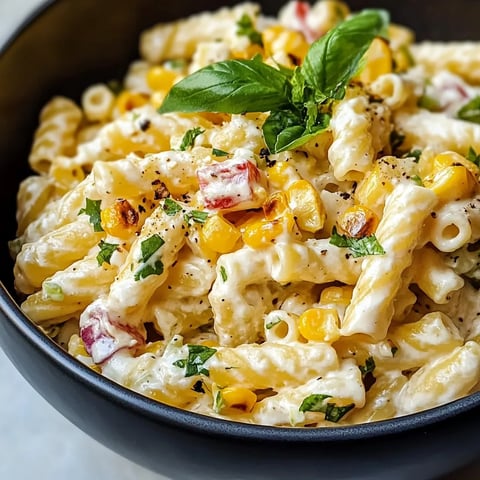 A bowl of pasta with corn and basil.