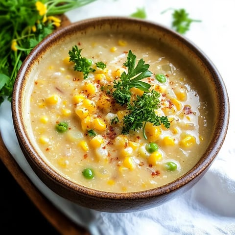 A bowl of soup with corn and peas.