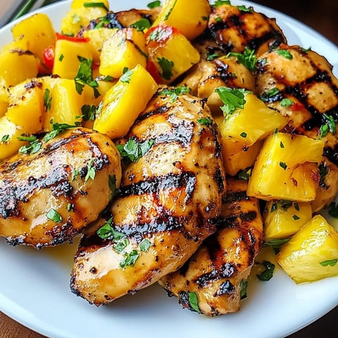A plate of food with chicken, pineapple, and vegetables.