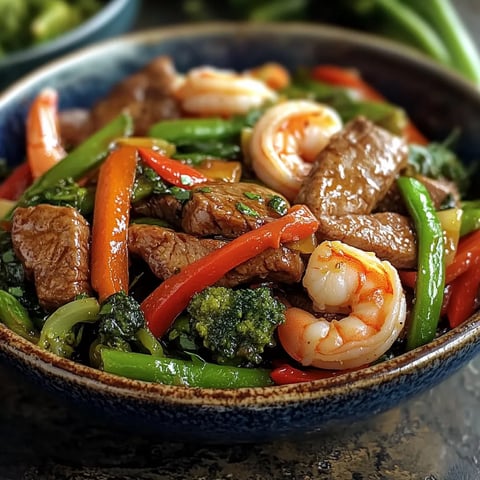 A bowl of food with shrimp, broccoli, and peppers.