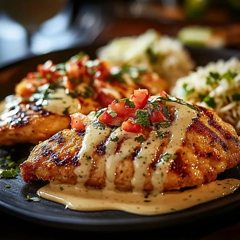 A plate of food with chicken and rice.