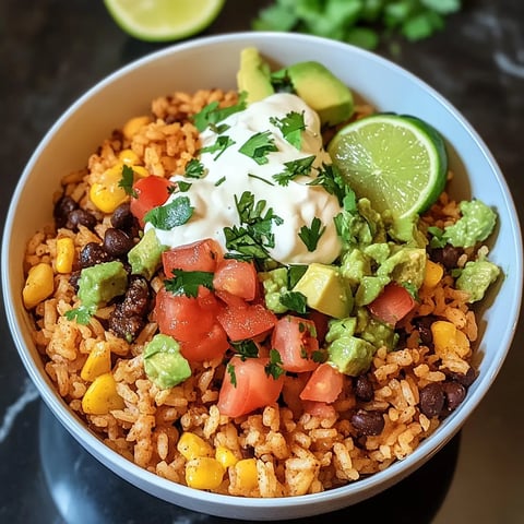 A bowl of rice with sour cream and guacamole.