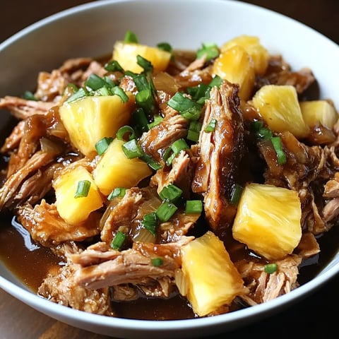 A bowl of meat with pineapple and green onions.