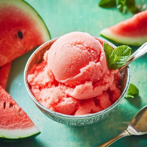 A bowl of pink ice cream with watermelon slices.