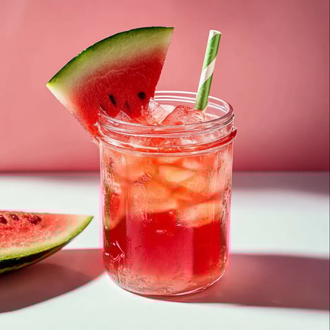 A glass of red juice with a slice of watermelon.