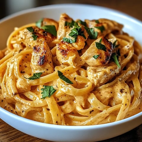 A bowl of pasta with chicken and herbs.