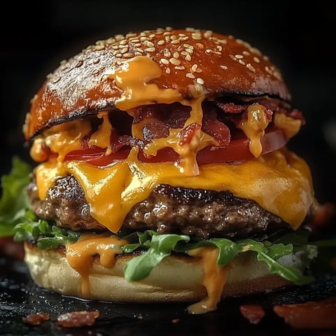 A close up of a burger with cheese and bacon.