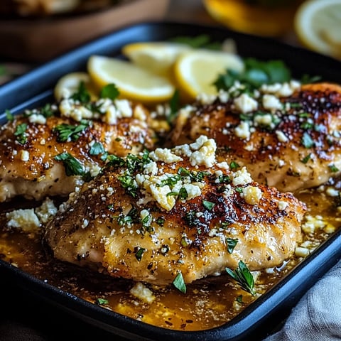 A pan of chicken with lemon slices on top.