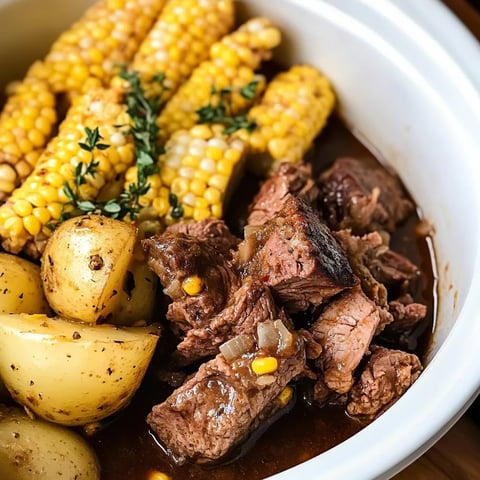 A bowl of food with corn, potatoes, and meat.
