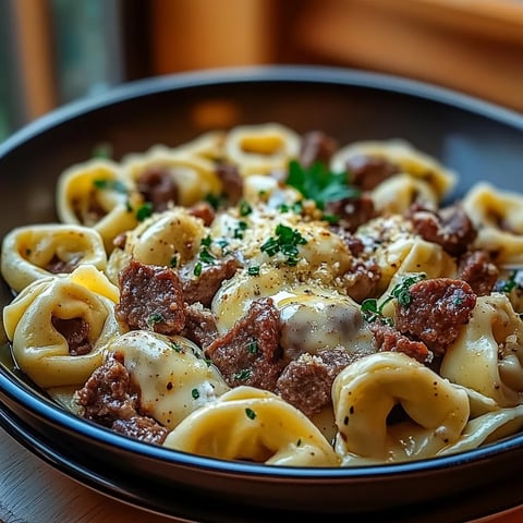 A bowl of pasta with meat and cheese.