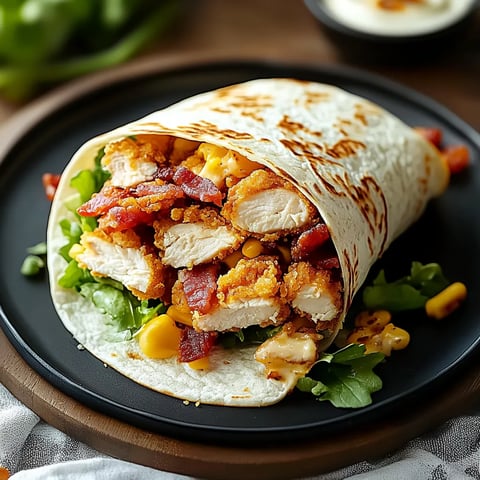 A chicken wrap with lettuce and bacon.