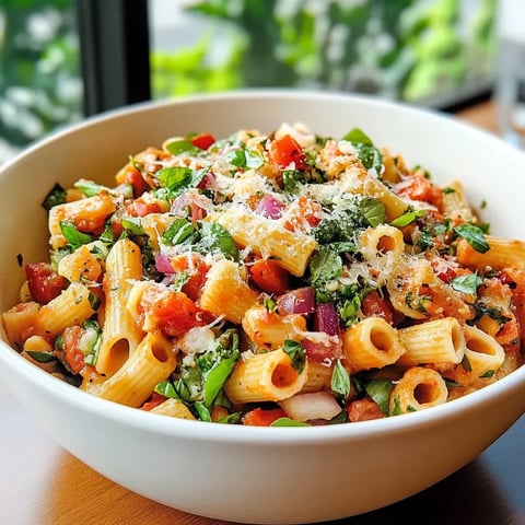 A bowl of pasta with tomatoes and cheese.