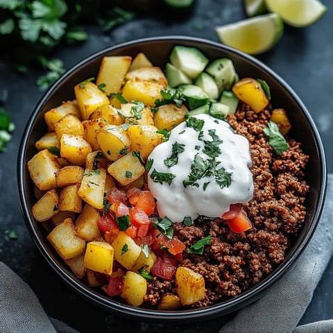 A bowl of food with a dollop of sour cream on top.