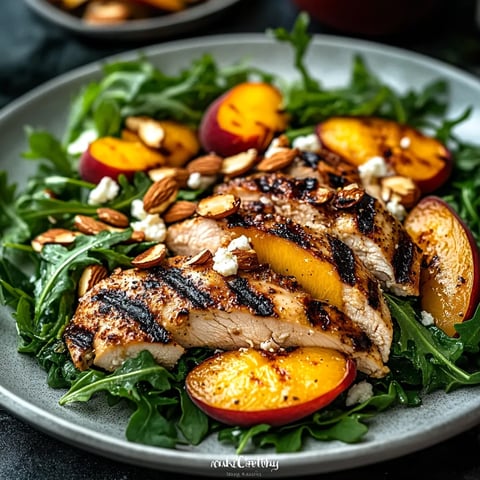 A plate of food with chicken, peaches, and greens.