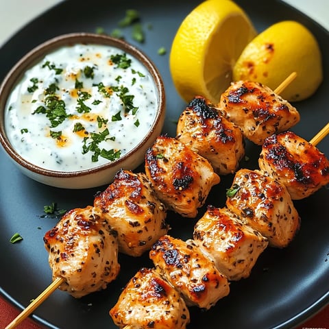 A plate of grilled chicken skewers with a bowl of sauce.