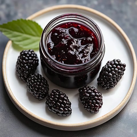 A jar of blackberry jam with a leaf on top.