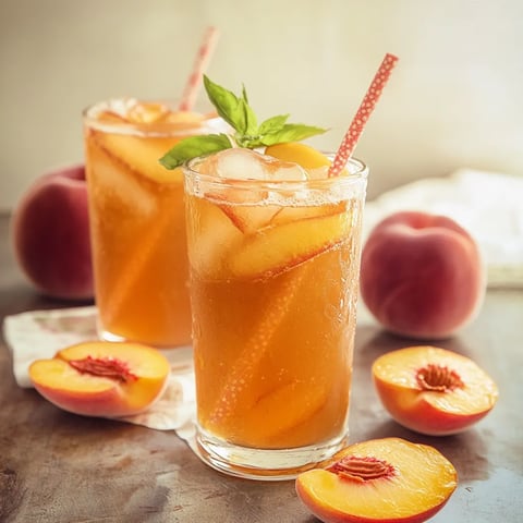 Two glasses of peach tea with a peach slice in each.