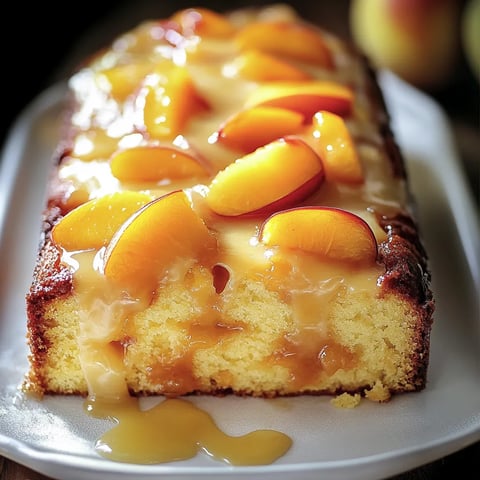 A slice of peach cake on a white plate.