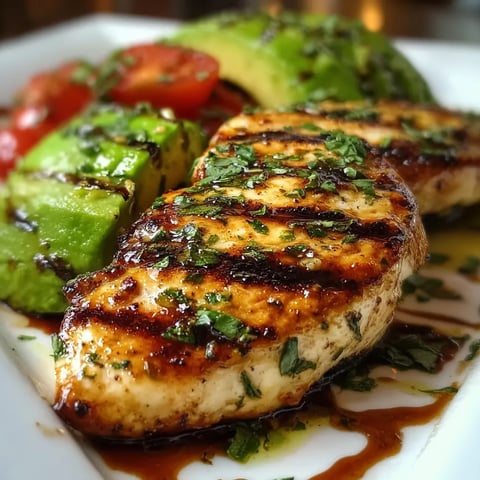 Chicken with avocado and tomato on a plate.
