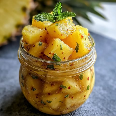 A jar of pineapple chunks with mint leaves on top.