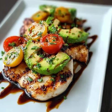 A plate of food with a chicken breast, tomatoes, and avocado.