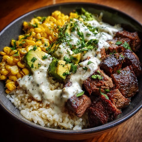 A bowl of food with rice, meat, and vegetables.
