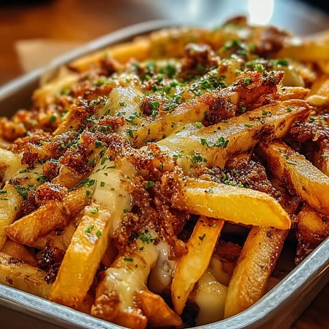 A plate of cheese covered fries.