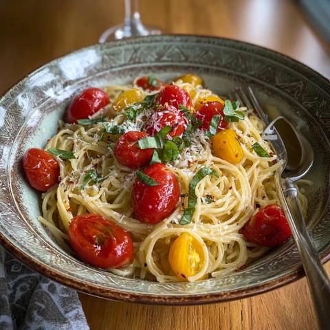 A plate of pasta with tomatoes and basil.