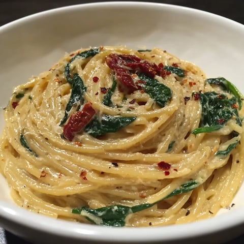 A bowl of pasta with red peppers and spinach.
