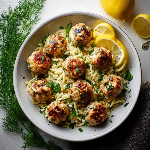 A bowl of pasta with meatballs and lemon wedges.