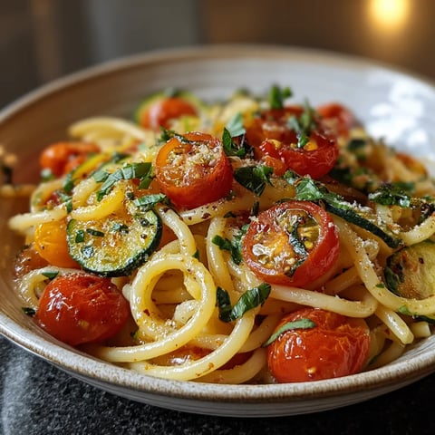 A bowl of pasta with tomatoes and basil.