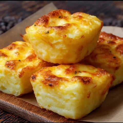 Three pieces of food on a wooden board.