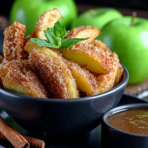 A bowl of doughnuts with a green apple.