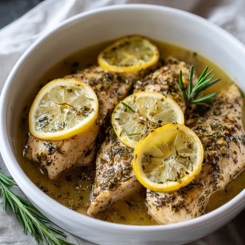 A bowl of chicken with lemon slices.