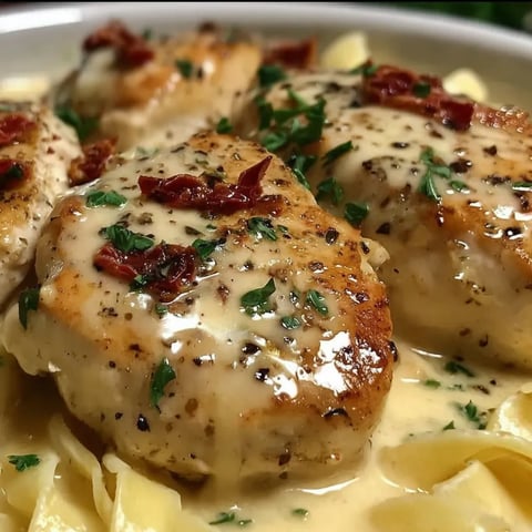 Chicken with sauce and herbs.