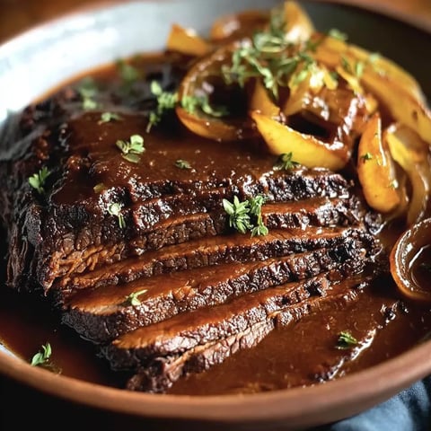 A bowl of beef stew with onions and herbs.