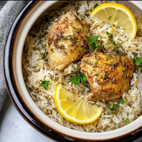 A bowl of rice with chicken and lemon wedges.