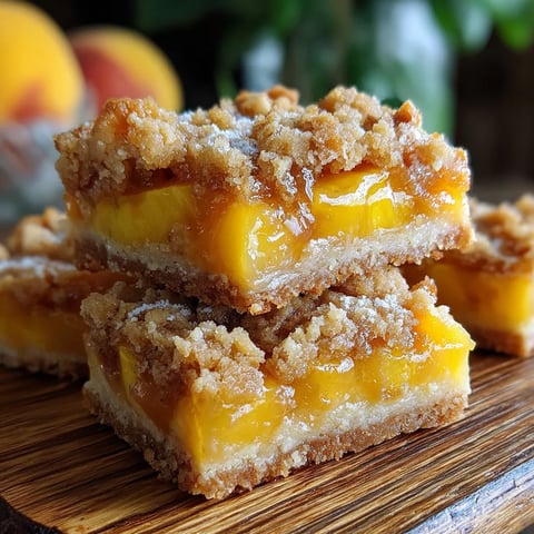 A slice of peach cobbler on a wooden table.